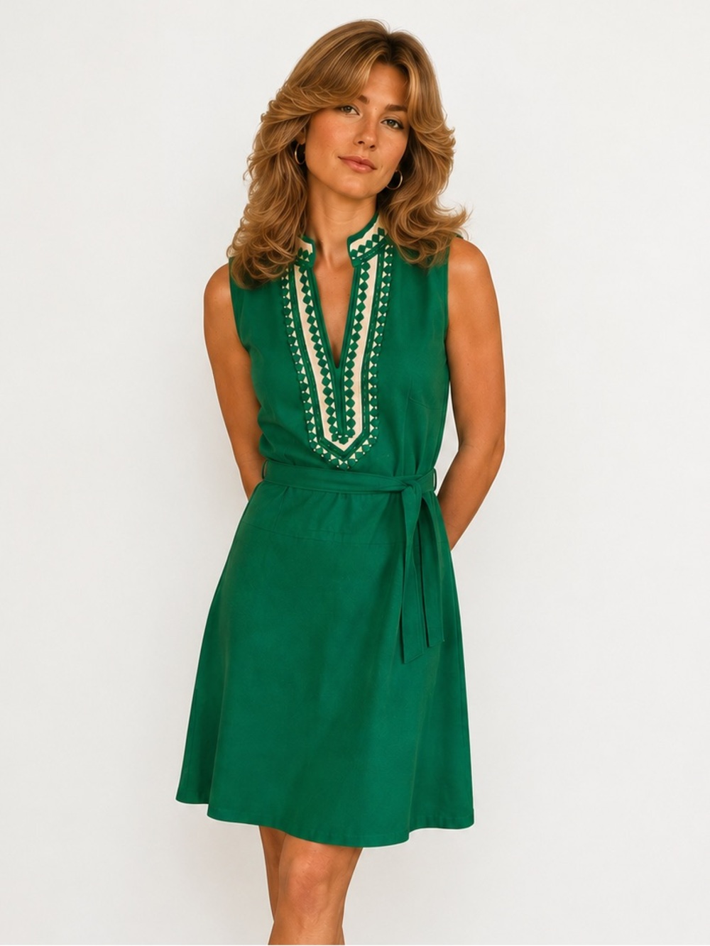 Esley Kelly Green Sleeveless V-Neck Dress with Embroidered Trim Size S